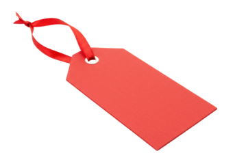 Red gift tag with ribbon isolated PNG on transparent background, blank label for price or product information