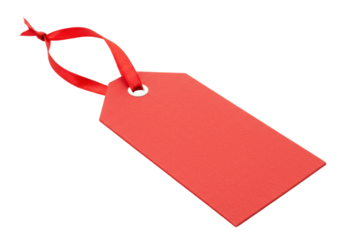 Red gift tag with ribbon isolated PNG on transparent background, blank label for price or product information