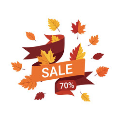 Autumn sale banner with falling leaves and a ribbon displaying the discount percentage.