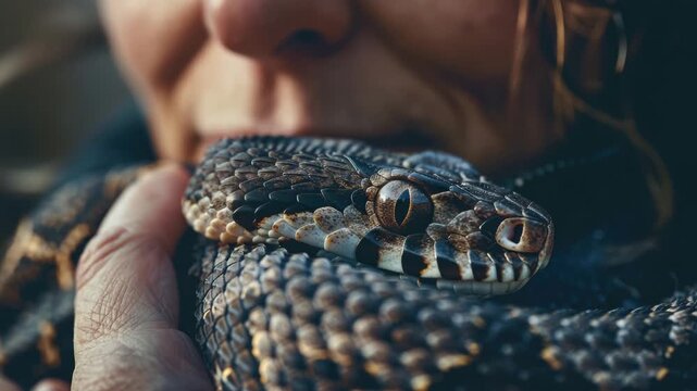 Intricate head of serpent, carefully supported by human hand, exhibiting its distinct scale pattern and powerful, slit pupil