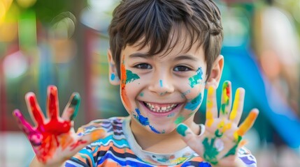 Happy child with colorful paint on face and hands