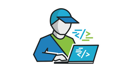 Programmer wearing a blue cap coding on a laptop with code symbols.