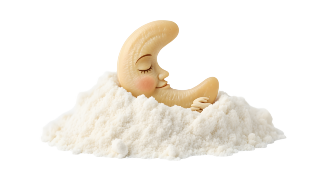 Dreamy sleeping moon resting peacefully atop soft, fluffy cloud of gentle serenity
