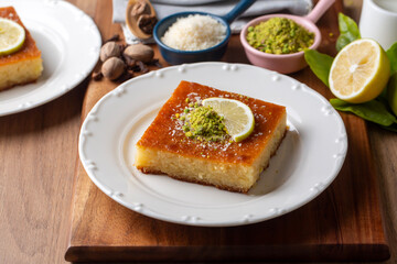 Revani - sweet semolina cake with pistachio, traditional turkish dessert