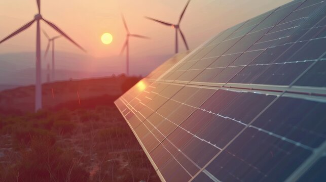Solar panel and wind turbines at sunset