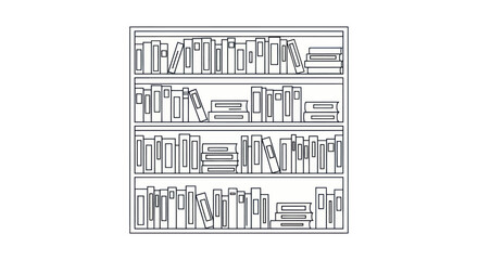 Detailed Black and White Illustration of a Bookshelf Filled with Books.