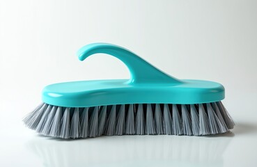 Teal cleaning brush with grey bristles on white background. Brush has a curved handle. It is a cleaning tool for housework and hygiene.