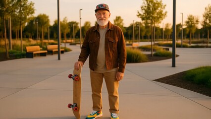 Older man in casual clothing holding a skateboard at a sunny park, smiling confidently at the camera.
