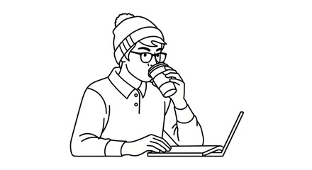 Young Person in Beanie and Glasses Drinking Coffee While Using Laptop.