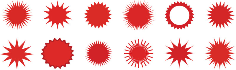 Red Starburst Assortment: A collection of various red starburst designs for a multitude of creative uses. Showcasing a vibrant range of textures and forms.