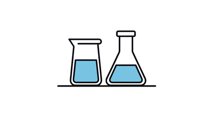 Two Laboratory Beakers with Blue Liquid Outline Style.