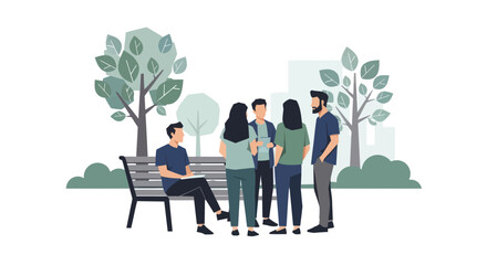 Group of People Gathering in a Park One Sitting on a Bench with a Laptop.