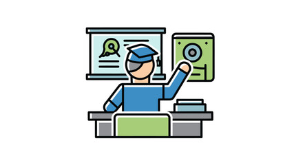 Cartoon graduate student at a desk with presentation board and projector.