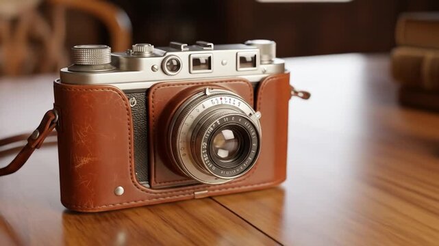 Vintage leather-clad camera rests on wooden table