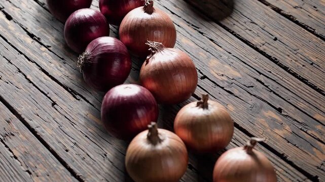 Weathered wooden surface presenting ripe red and yellow onions, revealing organic farm produce maturity stages in diagonal composition