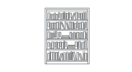 Detailed Bookshelf Illustration with Multiple Shelves and Books.