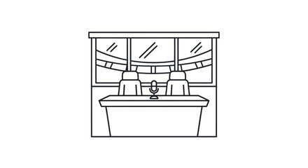 Outline Illustration of a Broadcast Studio with Desk Chairs Microphone and Window View.