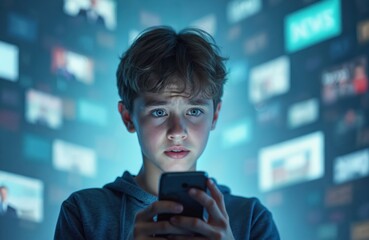 Confused teen boy holds smartphone with worried, concerned face. Overwhelmed by fake news, contradictory online media notifications. Stressed youth feels anxiety, doubt, fear from digital information