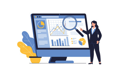 Data-driven businesswoman analyzing growth analytics with a magnifying glass, revealing insights for strategic decision-making and innovative marketing solutions