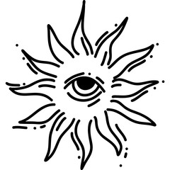 Stylized Sun featuring an Eye Symbol, Bohemian Inspired Sun Art, Mystical Eye within Sun Rays Design