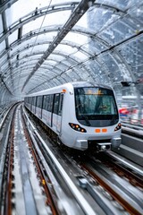 Modern train travels through a sleek glass tunnel in a bustling city during winter snow