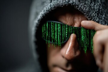 Mysterious figure wearing sunglasses with green code reflected, highlighting themes of technology and intrigue