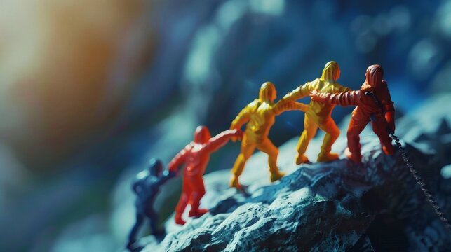 Teamwork makes the dream work: miniature figures climbing a mountain together