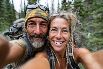 Smiling couple takes a hiking selfie in a lush forest surrounded by tall trees on a sunny day