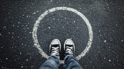 Fototapeta premium Stepping beyond comfort zones embracing growth outside the chalk circle on asphalt paths