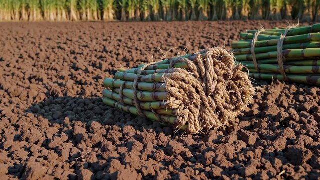 Sugarcane bundles lying on fertile ground, tightly bound with rope, awaiting processing at agricultural plantation near harvest time
