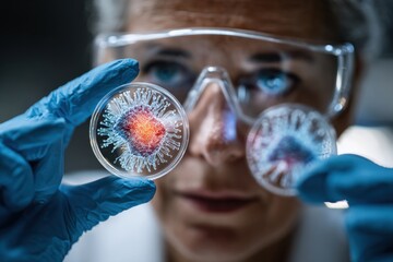 Scientist studying virus cultures in a lab while wearing protective gear and examining petri dishes