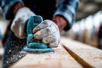 Skilled craftsman using an electric sander on a wooden plank in a workshop during daylight hours