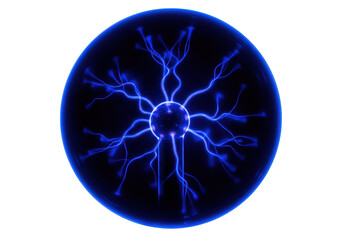 Plasma ball PNG isolated on transparent background, electric discharge globe with blue energy beams, science experiment for physics education