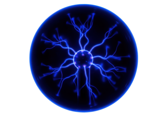 Plasma ball PNG isolated on transparent background, electric discharge globe with blue energy beams, science experiment for physics education