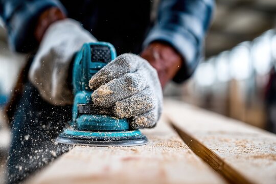 Skilled craftsman using an electric sander on a wooden plank in a workshop during daylight hours - Powered by Adobe