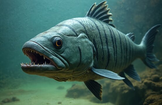 Large goliath tigerfish underwater. Aquatic predator with sharp teeth in freshwater. Dangerous fish swims near rocks. Tropical wildlife animal. Close-up of goliath mouth.