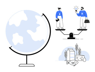 Globe, two people on a seesaw representing balance, light bulb for innovation, food icons for resources. Ideal for sustainability, environment, innovation, equality, business education global