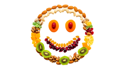 Healthy snack creation, creative fruit and nut arrangement forming cheerful smiley face