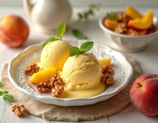 Yellow fruit ice cream scoops on white plate with peach slices and walnuts. Mint leaves garnish dessert. Fresh peaches and nuts surround dish. Creamy cold treat served in studio.