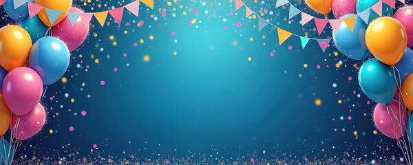 Colorful balloons and bunting flags decorate blue birthday background. Festive holiday frame with sparkling confetti glitter and copy space. Cheerful design for party invitation card poster or banner.