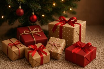 Festive wrapped gifts under tree.
