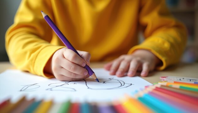Little childs hands hold purple pencil, drawing on white paper. Colorful pencils, crayons rest on wooden table near. Kid learns, creates art, develops fine motor skills, hand eye coordination. - Powered by Adobe