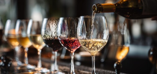 Pouring Various Wines Into Elegant Glasses at a Stylish Bar During the Evening