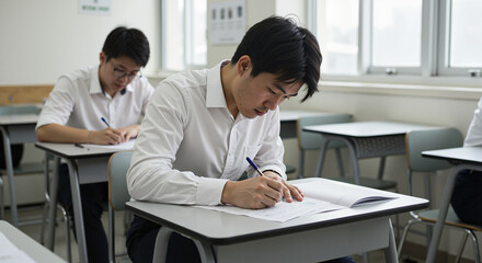 Young man taking a written test while sitting at a desk in classroom  