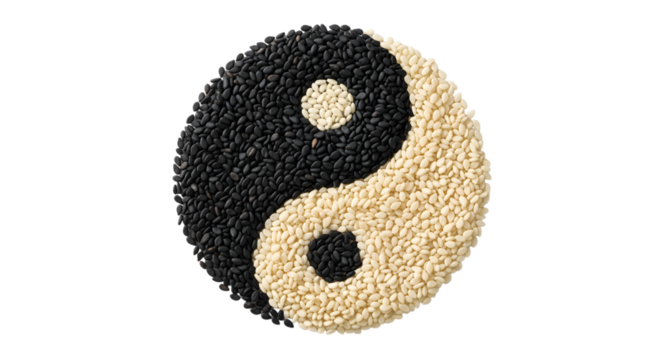 Yin and Yang symbol artfully crafted from contrasting black and white sesame seeds