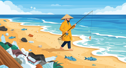 Upsetting scene of fisherman catching fish amidst plastic trash pollution on beautiful ocean beach, highlighting environmental issues and ocean conservation