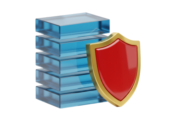 Blue server data stack with red shield isolated PNG, database protection and security concept on transparent background