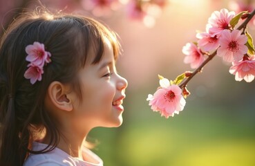 Fototapeta premium Young girl enjoys spring blossoms outdoors. Portrait of child smelling pink cherry flowers. Smiling kid admires sakura blooms. Happy face close to tree branch with sunlight.