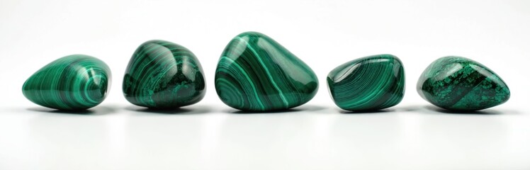 Five smooth polished malachite stones with vibrant green patterns lie on clean white background. Decorative copper ore gemstones unique banding. Tumbled mineral specimen shines brightly. Perfect for