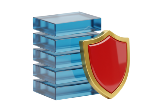 Blue server data stack with red shield isolated PNG, database protection and security concept on transparent background